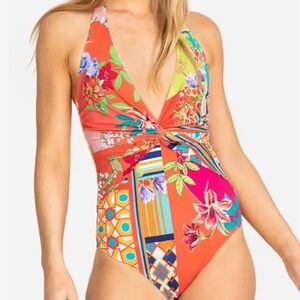 Johnny Was twist floral color one piece swimsuit halter NWT Small